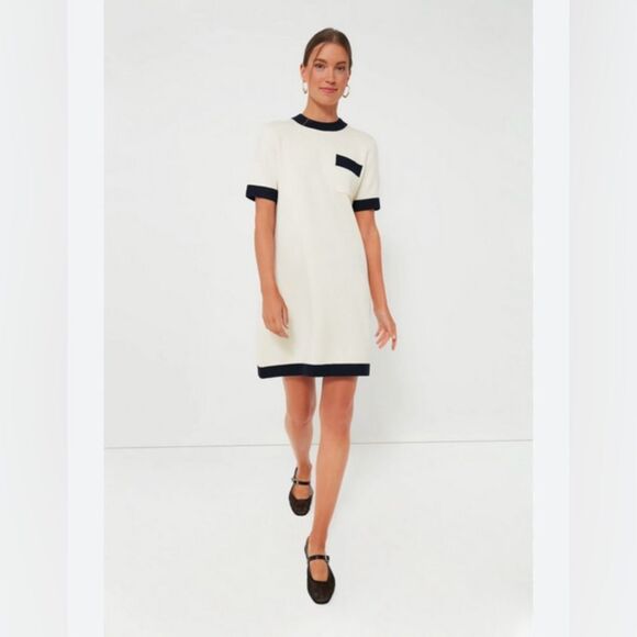 TUCKERNUCK Dress M Merritt Wool Blend Ivory Black Knit Short Sleeve